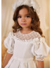 Elbow Sleeves White Lace Satin Floral Flower Girl Dress